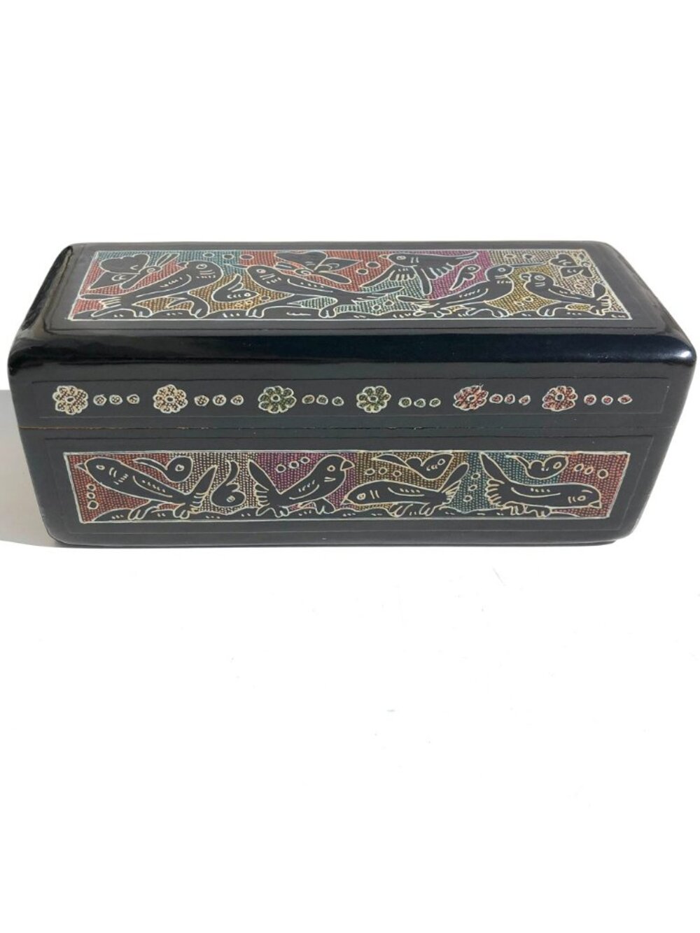 Olinala Mexico Black Lacquer Wood Box Birds Flowers Butterfly Folk Art Hinged